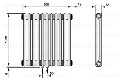 Схема (чертеж) Радиатор Zehnder Charleston 2100/11 №3470 Белый глянцевый RAL 9016